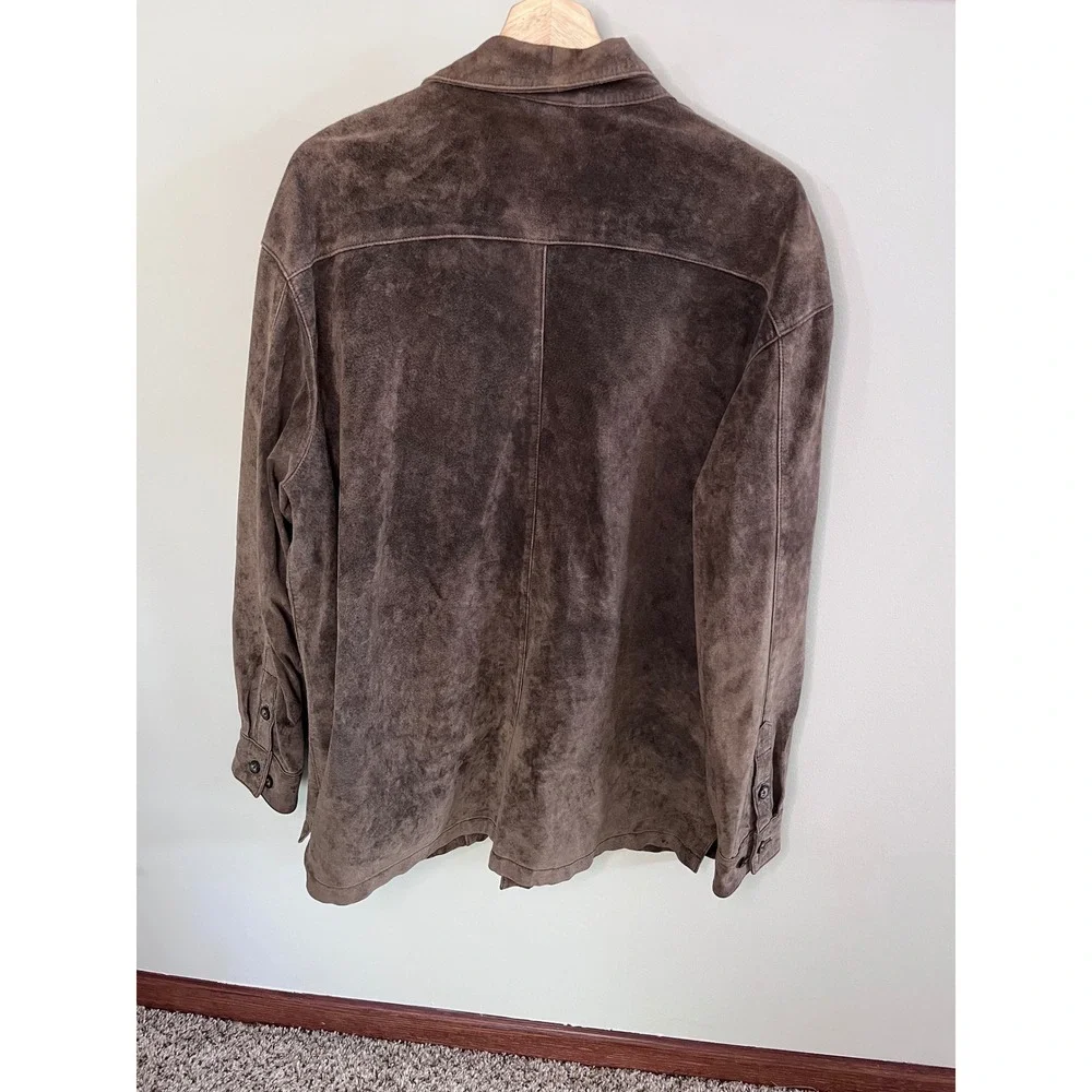 FG Gear Mens Genuine Leather Suede Shirt Jacket Brown Button Front Large L